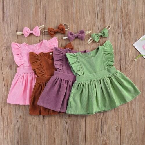 2021 Fashion Kids Baby Girls Solid Corduroy Dress Outfit Set Fly Sleeve Gown+Headband Set for Children Girls 1-6Years