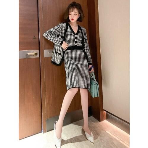 Fashion houndstooth fitted cardigan + sexy V-neck sleeveless suspender dress two-piece female 2020 early autumn new