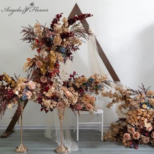 New Autumn Caramel Color Wedding Table Floral Road Lead Artificial Flower Row Wedding Banquet Background Flower Wall Decoration