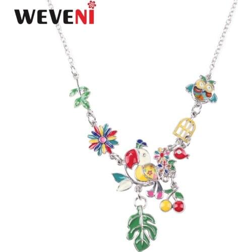 WEVENI Statement Enamel Owl Cherry Leaf Parrot Bird Choker Necklace Pendants Chain Collar Fashion Women Jewelry Accessories