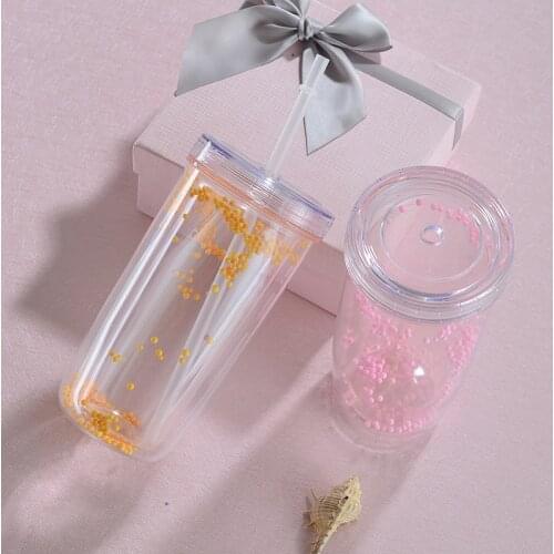 Plastic cup manufacturer directly provides double transparent straw cup creative large capacity mango cup with sparkle glitter