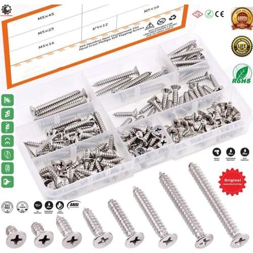 M5 [10-45mm] 304 Stainless Steel Flat Head Phillips Cross Wood Screw Self Tapping Drilling Screws Assortment Kit,Drywall Screws