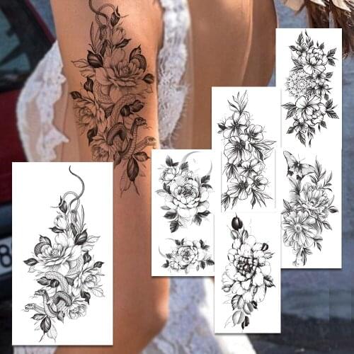 Snake Flower Temporary Tattoos For Women Beauty Lily Bloosom Tattoo Sticker Mehndi Daisy Leaves Peony Tatoos Painting Arm Waist