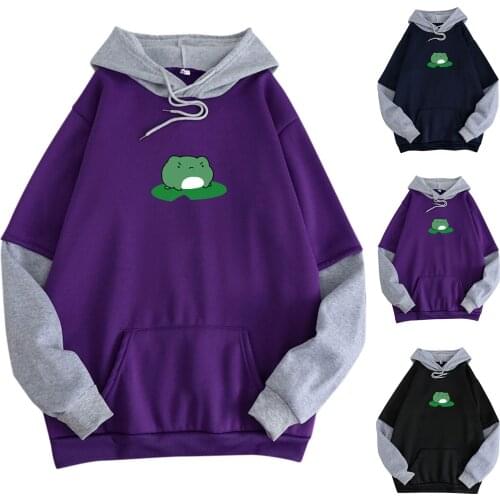 Kawaii Hoodie Mens Womens Autumn Plus Velvet Stitching Loose Oversized Pocket Hooded Sweatshirt Frog Print Hoodies Women 2021