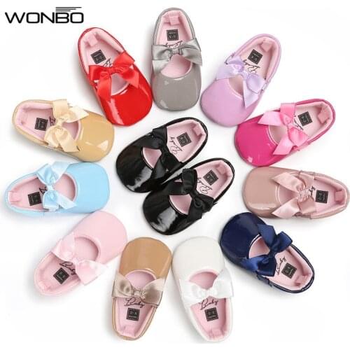 WONBO Newborn Baby Girls Princess Shoes Crib Bebe Infant Toddler Kids First Walkers Patent leather Mary Jane Big Bow Solid Shoe