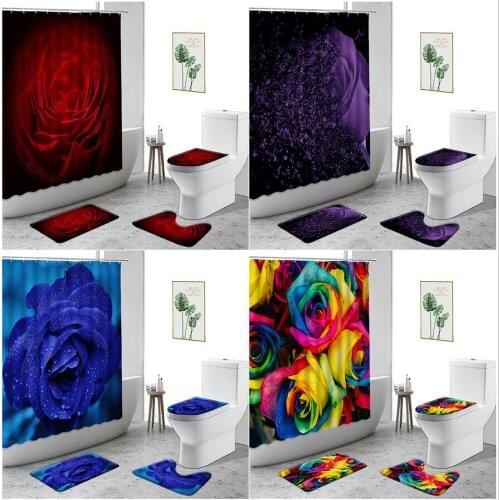 3D Colorful Rose Waterproof Fabric Shower Curtain Bathroom Curtain Purple Flower Printed Bath Screen Valentines Day Decor Set