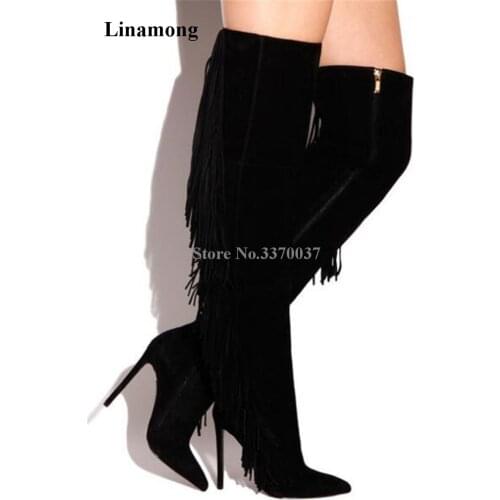 Women Charming Open Toe Black Suede Leather Side Long Tassels Gladiator Boots Sexy Fringes Long High Heel Boots Dress Shoes