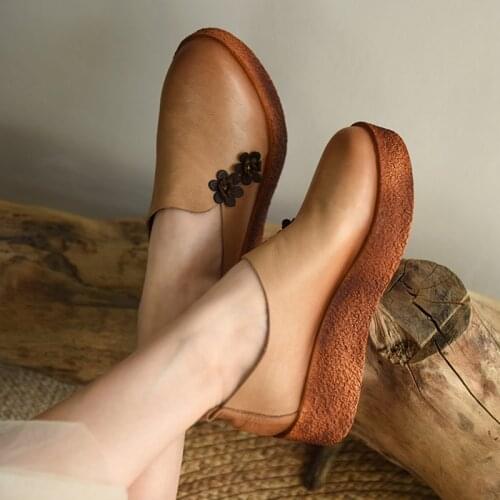 Artmu Original Genuine Leather Wedges Shoes Retro Thick Heel Platform Shoes Lightweight Women Shoes Leisure Flowers Ladies Shoes