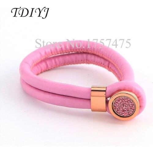TDIYJ 2pcs Top Fashion Pink Genuine Lambskin Leather Bracelets with Pink Crystals as My Coin for Women DIY Jewelry