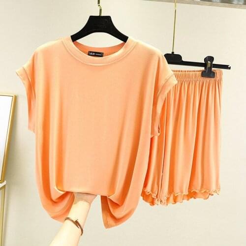 Women 2021 Summer Fashion 2 Piece Sets Female Loose Short Sleeve O-neck Tops Ladies Thin Casual Shorts Modal Pajamas Suits J131