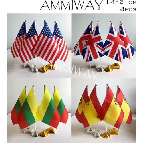 AMMIWAY 14x21cm 4pcs United States American USA US United Kingdom Table Flag Lithuania Spain Desk Flags World Country Flag