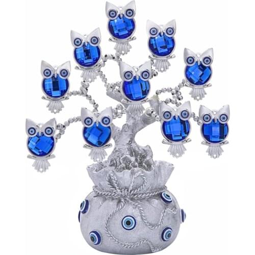 H&D Reiki Owl Figurines Ornament Fengshui Evil Eye Tree with Lucky Bag Showpiece For Home Office Decor Good Luck Protection Gift