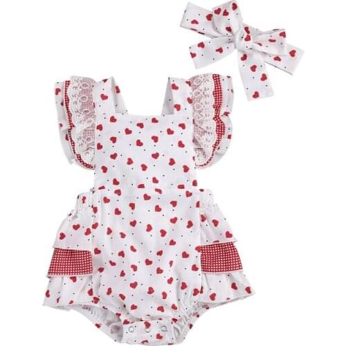 Valentines Day Princess Newborn Infant Girls Rompers Sleeveless Backless Heart Print Rompers Jumpsuits with Headband Sunsuits