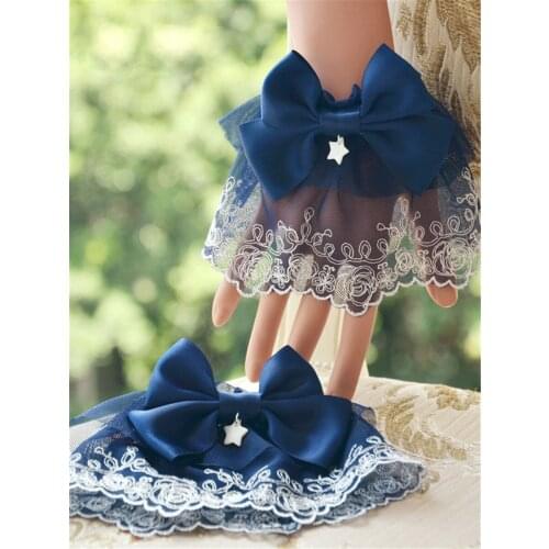 Lolita Oversleeve Lace Trim Deep Blue Bow Sweet Lolita Cuff