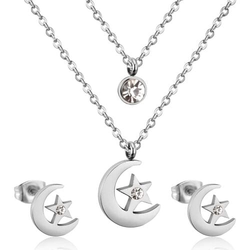LUXUKISSKIDS Stainless Steel Moon Star Double Chain Wedding Bridal Dubai African Jewelry Set Earring Necklace Women Jewelry sets