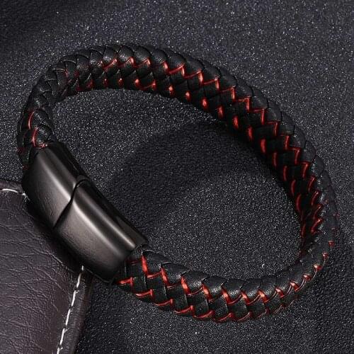 Fashion Bracelets for Men Jewelry Black Red Leather Bracelet Bangles Stainless Steel Magnetic Clasps Male Wrist Band Gifts 0013