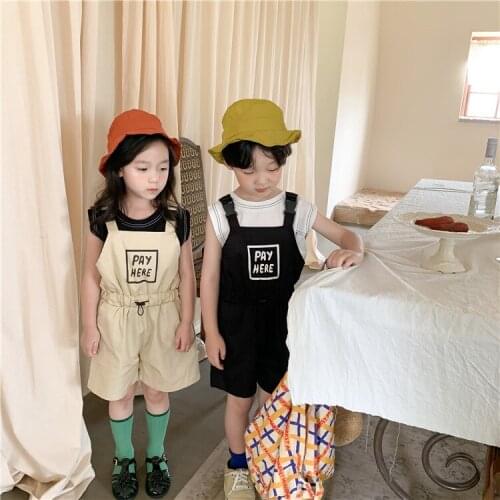 Korean Style Fashion Boys and Girls Overalls 2021 Letters Printing Loose Ealstic Waist All-match Sleeveless Suspender Trousers