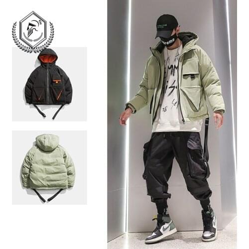 Men Fashion Loose Solid Fleece Heavyweight Jacket Casual Pockets Hip Hop Parkas Coat with Hoodie
