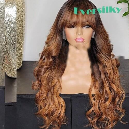 Fringe Ombre Dark Auburn Chocolate Brown 360 Lace Frontal Wigs With Bangs 200density Human Hair 13x6 Front 5x5 Lace Closure Wig