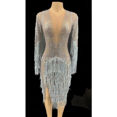 New Women Sexy Rhinestones Fringe Dress Prom Evening Performance Singer Dancer See Through Mesh Dresses Birthday Tassel Costume