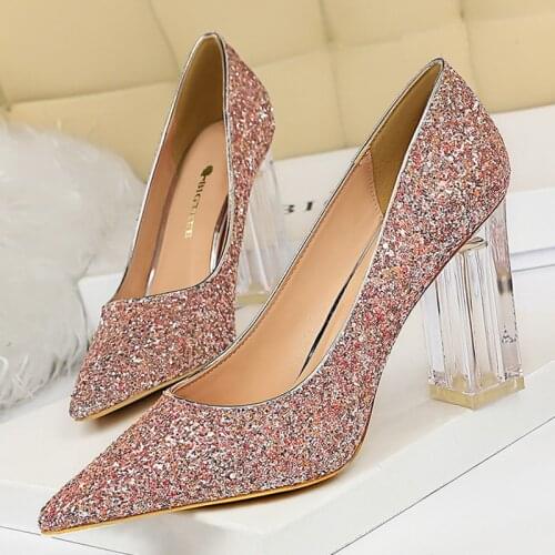 Transparent Heel Women Pumps Shoe Women High Heel Shoe Ladies Party Shoe On Heels 9.5cm Sequined Stiletto Ladies Pumps Plus Size