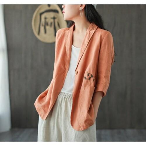Women Jackets Retro Loose Summer Autumn Tops Coat Ramie Cardigan Single Button Embroidery Pockets Casual Ladies Jaqueta Feminina