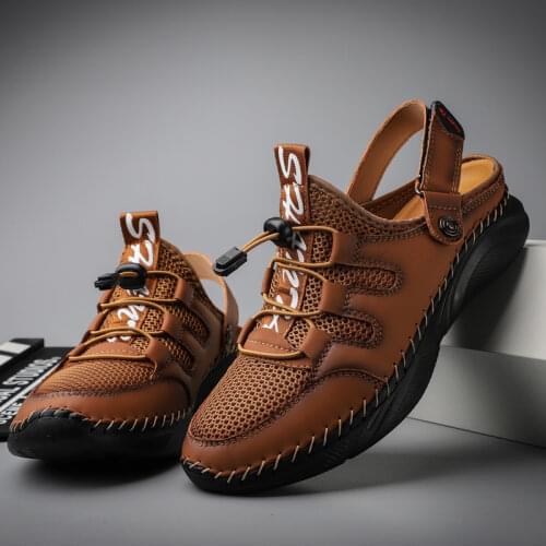 Summer Mens Sandals Genuine Leather Mesh Beach Outdoor Breathable Comfortable Slipper Rubber Classic Non-slip Big Size38-48