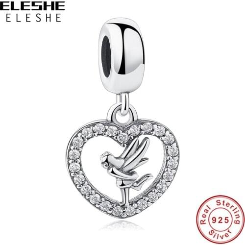 ELESHE Authentic 925 Sterling Silver Heart Dangle Charm with Angel Girl Beads Fit Original Bracelets Necklaces Women DIY Jewelry