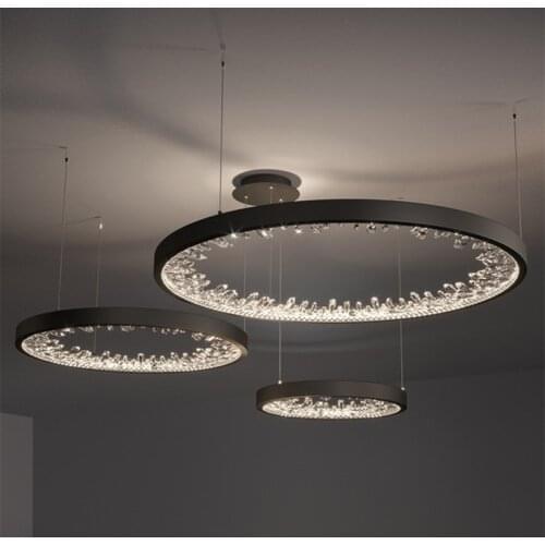 Modern Luxury K9 Crystal Led Dimmable Chandelier Gold Black Metal Circle Hanging Lamp Living Room Lustre Led Lighting Fixtures