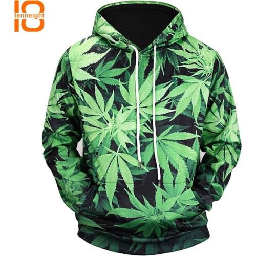 TENNEIGHT Men Autumn/Winter New Green Leaves Digital Print Hooded 3D Sweater Outdoor Sports Sweatshirts Training Clothing Coat