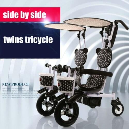 Panda Twins Tricycle, Air Inflatable Rubber Wheel Steel Frame Pedal Tandem Trike, Remove Push Rod Stroller For 2 Baby