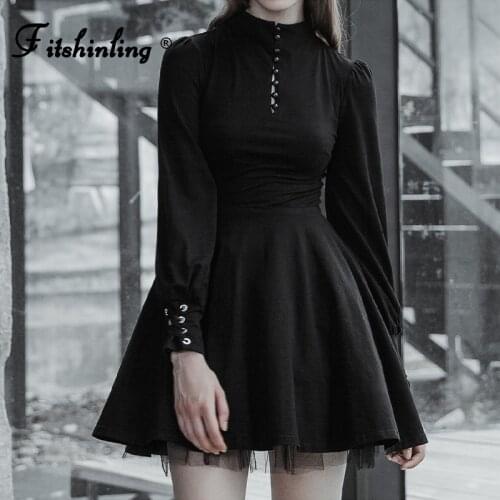Fitshinling Button Up Vintage Goth Dresses Women Lace Up Mesh A Line Slim Vestidos Femme Lantern Sleeve Grunge Punk Dress New