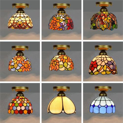 Tiffany Stained Glass Ceiling Lights Vintage Mediterranean Retro LED Ceiling Lamp Living Room Bedroom Stairs Home Light Fixtures