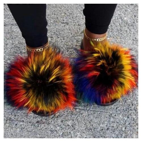 Women Colorful Fox Fur Sandals PVC Slippers Slides