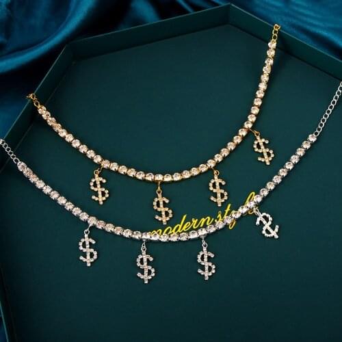 Full Rhinestone Money Sign Anklets Bracelet for Women Charm Gold Silver Color Foot Jewelry Crystal Tennis Chain Dollar Anklets