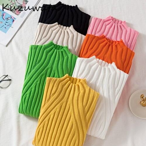 Kuzuwata Candy Color Half High Collar Knit Women Sweaters New Slim Fit Bottoming Tops 2021 Autumn Winter Casual Soft Pullovers