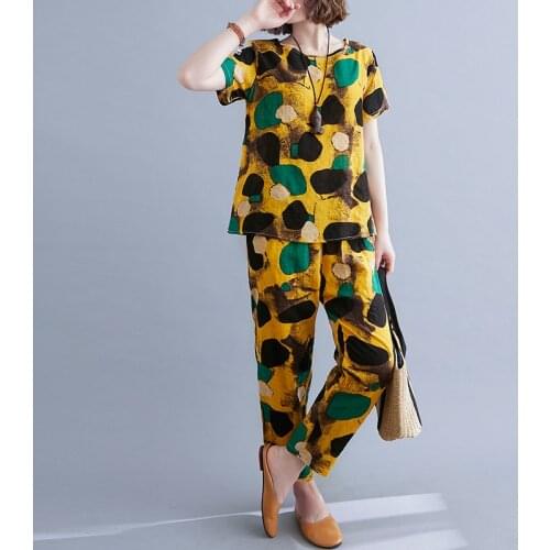 2021 New Arrival Fashion Women Clothes Set Thin Soft Cotton Linen Print Floral Loose Top Harem pants Womens Summer Casual Set