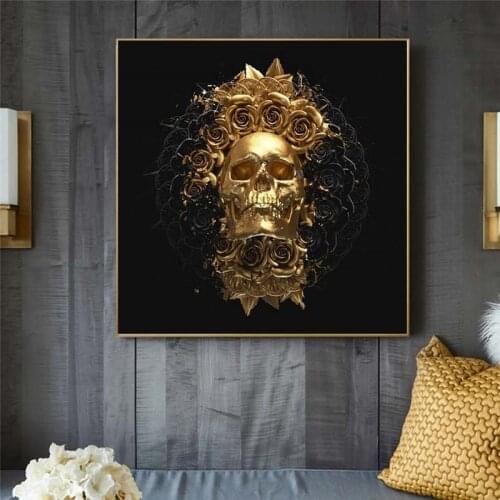 Golden Skull With Black Flower Canvas Wall Painting Poster And Prints Abstract Totem Art Picture For Living Room Home Decoration