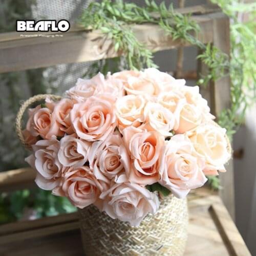 1 Bunch Roses Artificial Flowers Fake Plastic Silk Flower Bridal Bouquet for Wedding Home Decoration 6 Color B1001