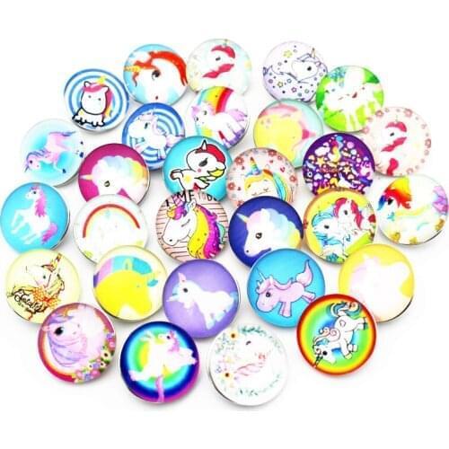 Newest 10pcs/lot Unicorn horse Snap Buttons Charms 18mm Animal Print Glass Buttons Fit DIY Snap Bracelets&Bangle Jewelry