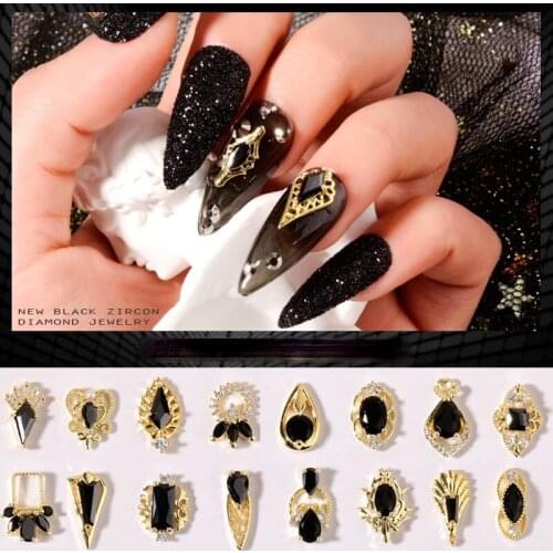2pcs black zircon manicure jewelry real gold color light luxury Black Diamond rhinestones for nails accessories decoration