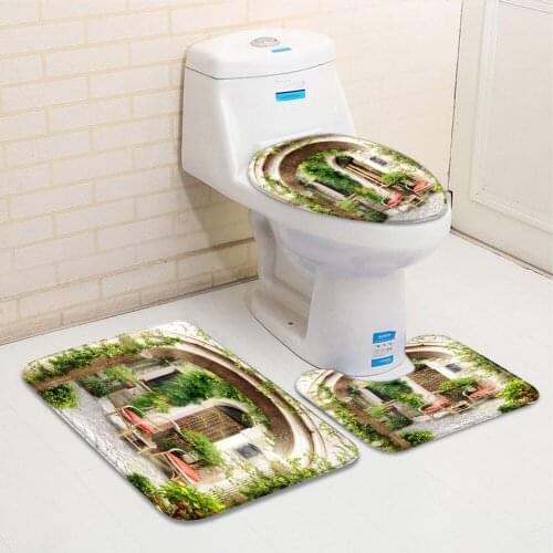 3pcs/Set Bathroom Mat European Style Street Garden Park Flowers Waterfall Landscape Bathtub Toilet Carpet Non-Slip Rug Decor