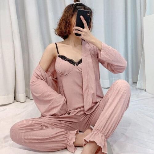 3PCS Sexy Lace Silk Satin Pajama Set Robes for Women 2020 Spring Summer Long Sleeve Sleepwear Suit Homewear Pijama Mujer Clothes