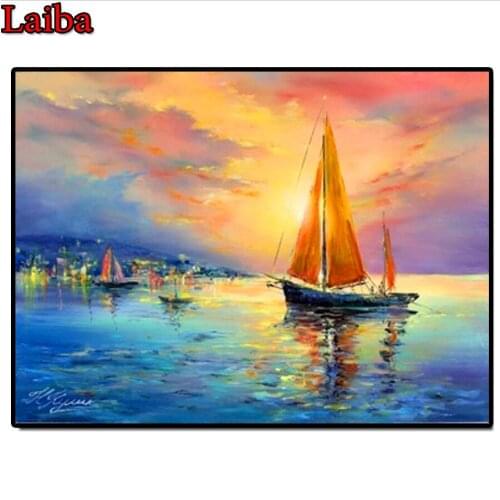 3d diamond embroidery abstract sunset ship picture pastes,cross stitch,full square diy diamond painting handcraft decoration