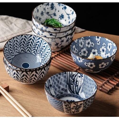 4 retro ceramic bowls, blue and white porcelain creative enamel soup bowls
