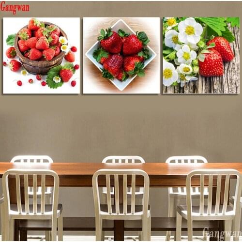 5D DIY Diamond Painting Red Strawberry pattern 3 pcs Full Square round stones Diamond Embroidery mosaic Fruit picture kitchen