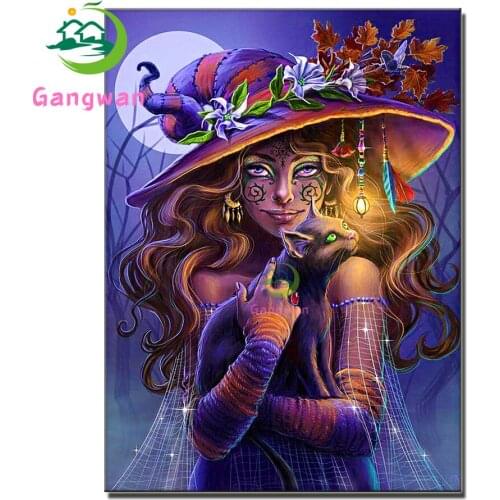 Diamond Painting 5D Witch and black cat Full Square&Round Picture of Rhinestone Diamond Mosaic Home Decor Festival Gift DIY art