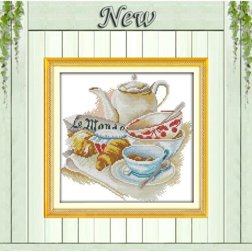 Quietly elegant tea set bread decor paintings counted print on canvas DMC 14CT 11CT Cross Stitch Needlework Sets Embroidery kits
