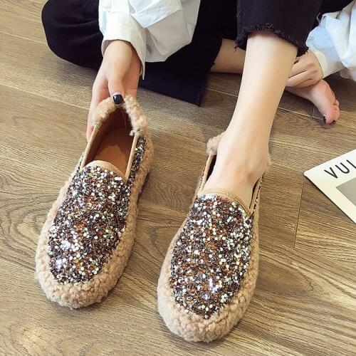 Paillette Lambswool moccasins muffins winter shoes for women ballerina furry bling glitter flats thicken soled fur loafers 2020