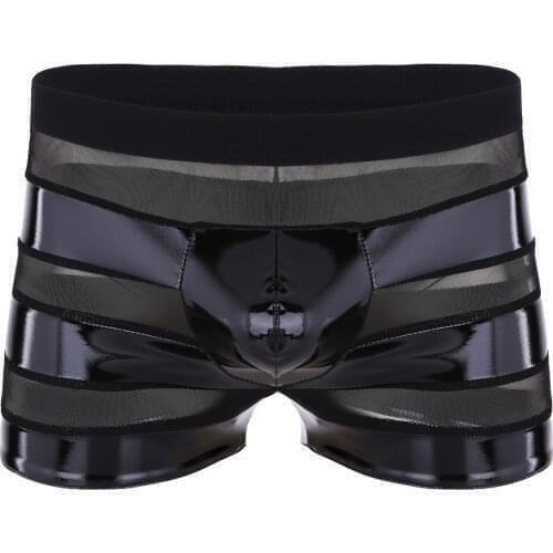 Black Mens Lingerie Boxer Shorts Breathable Wetlook Faux Leather Mesh Patchwork Stripe Low Rise Boxer Briefs Underwear Panties